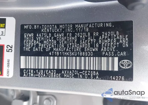 2019 Toyota Camry Xle/Se/L/Le из США, поврежденный, VIN 4T1B11HK5KU188930